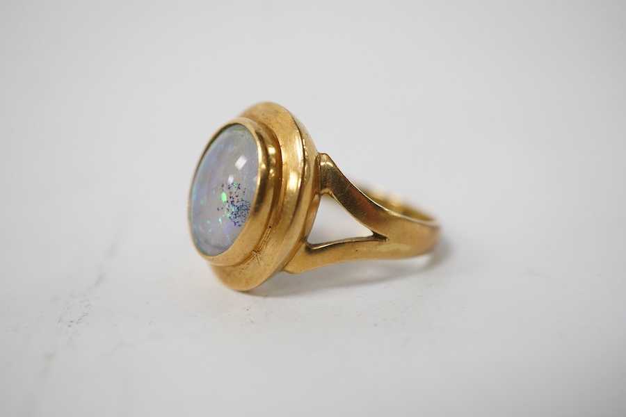 A modern Italian 18k and opal doublet set ring, size N/O, gross weight 4.9 grams. Condition - fair to good